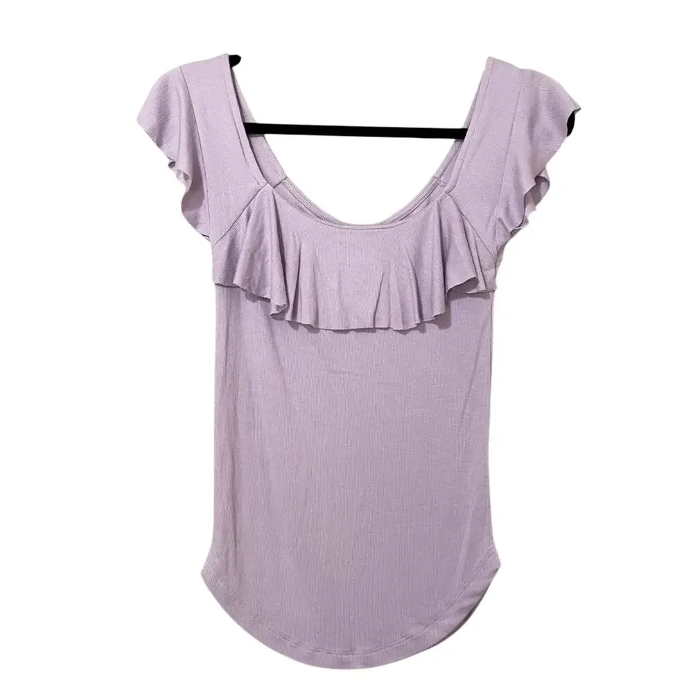 Free People Lavender Purple Ruffled Neckline Blouse Top Womens S Flutter Boho